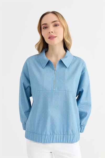 Şömizye Yaka Önü Taşlı Etek Ucu Lastikli Bluz  /  A.MAVİ