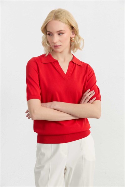 Şömizye Yaka Triko Bluz  /  KIRMIZI