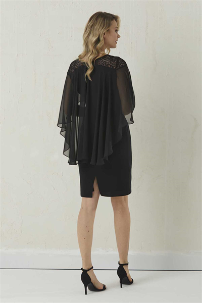 Üstü Dantelli Şifon Pelerin Kombinli Elbise  /  SİYAH