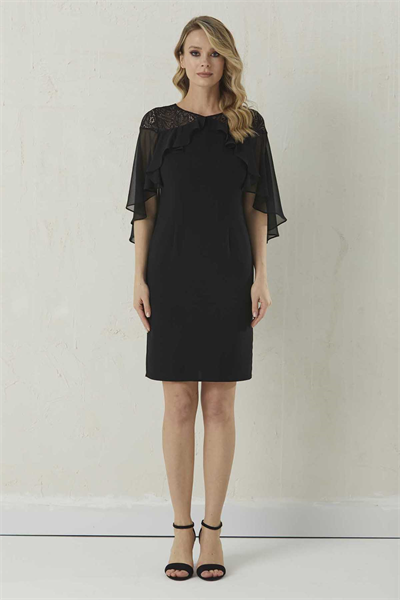 Üstü Dantelli Şifon Pelerin Kombinli Elbise  /  SİYAH