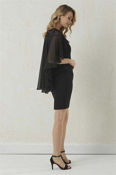 Üstü Dantelli Şifon Pelerin Kombinli Elbise  /  SİYAH