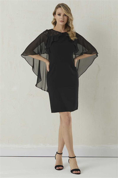 Üstü Dantelli Şifon Pelerin Kombinli Elbise  /  SİYAH