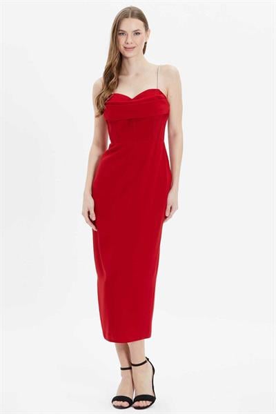 Üstü Drapeli Askıları Taşlı Elbise  /  KIRMIZI