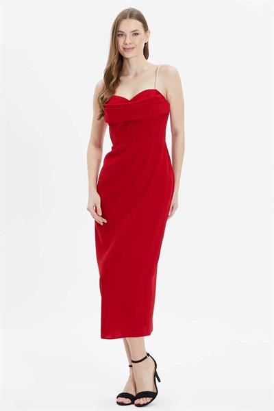 Üstü Drapeli Askıları Taşlı Elbise  /  KIRMIZI