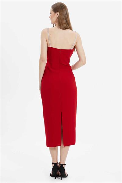 Üstü Drapeli Askıları Taşlı Elbise  /  KIRMIZI