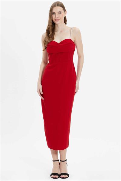 Üstü Drapeli Askıları Taşlı Elbise  /  KIRMIZI