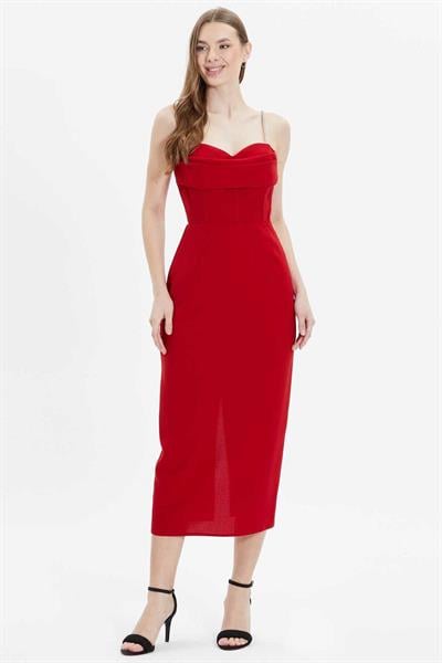 Üstü Drapeli Askıları Taşlı Elbise  /  KIRMIZI