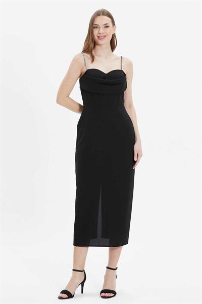 Üstü Drapeli Askıları Taşlı Elbise  /  SİYAH