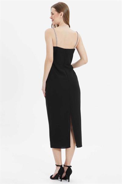 Üstü Drapeli Askıları Taşlı Elbise  /  SİYAH