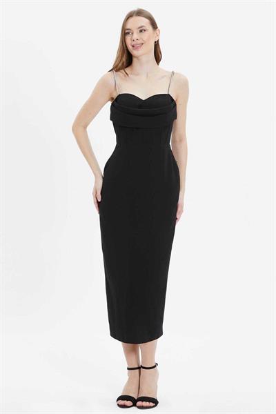 Üstü Drapeli Askıları Taşlı Elbise  /  SİYAH