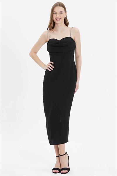 Üstü Drapeli Askıları Taşlı Elbise  /  SİYAH