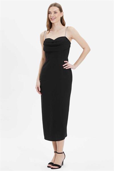 Üstü Drapeli Askıları Taşlı Elbise  /  SİYAH