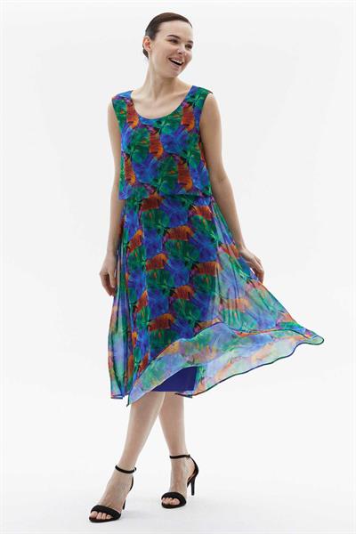 Üstü Katlı Eteği Volanlı Palmiye Desen Elbise  /  SAKS