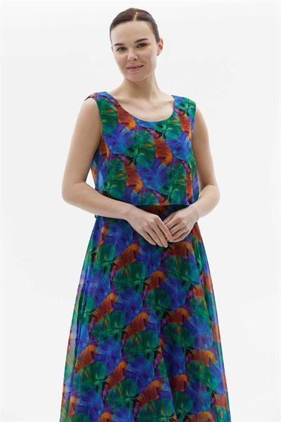 Üstü Katlı Eteği Volanlı Palmiye Desen Elbise  /  SAKS