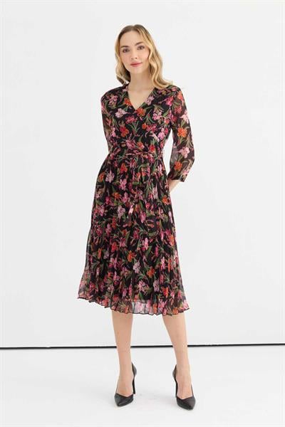 Üstü Kruvaze Eteği Pliseli Çiçek Desen Elbise  /  SİYAH