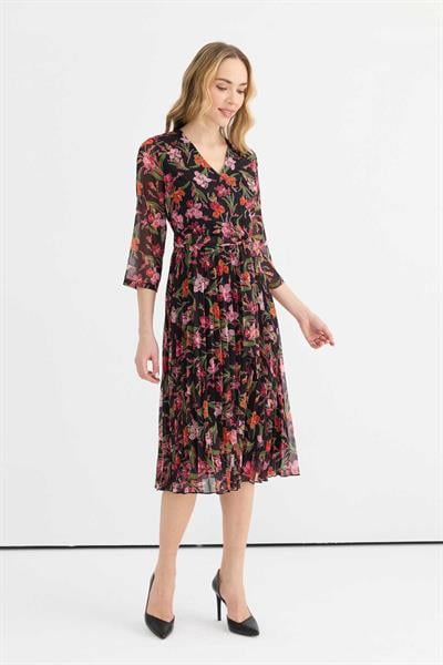 Üstü Kruvaze Eteği Pliseli Çiçek Desen Elbise  /  SİYAH