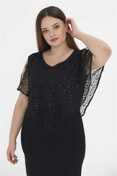 Üstü Payetli V Yaka Elbise  /  SİYAH