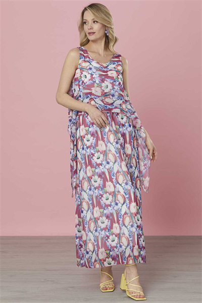 Üstü ve Yanları Dökümlü Emprime Elbise  /  MOR