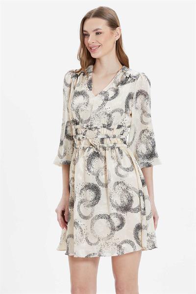 V Yaka Beli Lastikli Daire Desen Elbise  /  EKRU