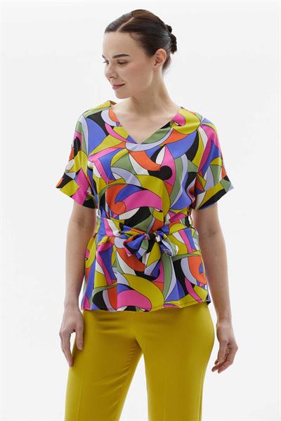 V Yaka Düşük Kol Soyut Desen Bağlamalı Bluz  /  MOR