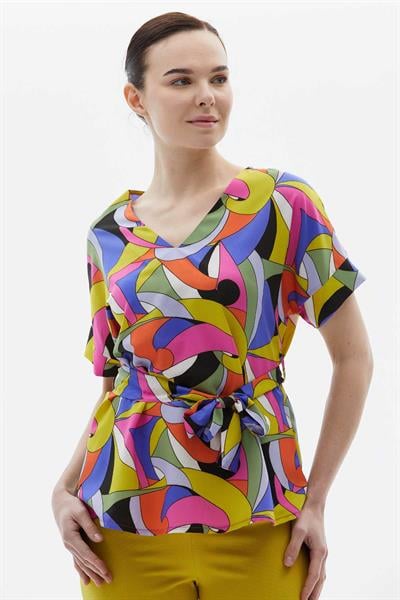 V Yaka Düşük Kol Soyut Desen Bağlamalı Bluz  /  MOR