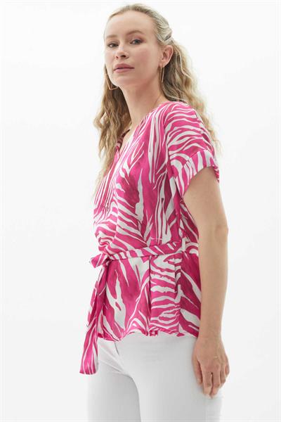 V Yaka Düşük Kol Zebra Desen Bluz  /  FUŞYA