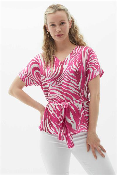 V Yaka Düşük Kol Zebra Desen Bluz  /  FUŞYA