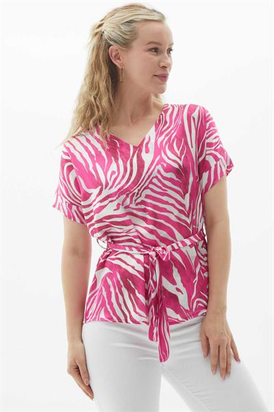 V Yaka Düşük Kol Zebra Desen Bluz  /  FUŞYA