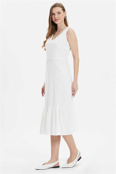 V Yaka Etek Ucu Volanlı Brode Elbise  /  BEYAZ