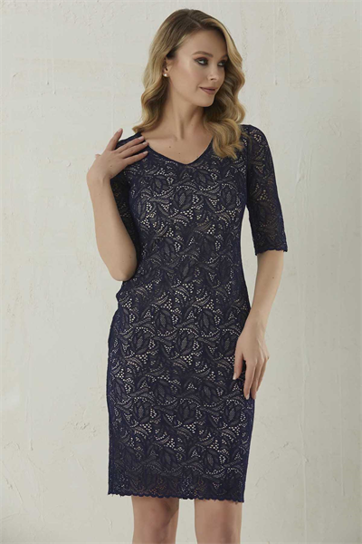 V Yaka Güpürlü Renkli Astar Elbise  /  LACİVERT