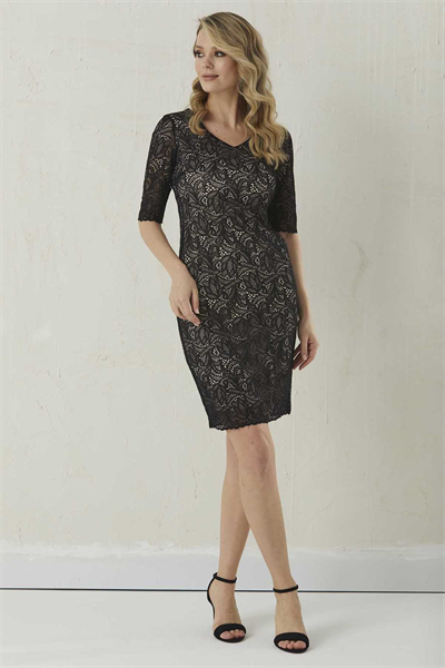 V Yaka Güpürlü Renkli Astar Elbise  /  SİYAH