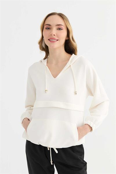 V Yaka Kanguru Cep Uzun Kol Bluz  /  EKRU