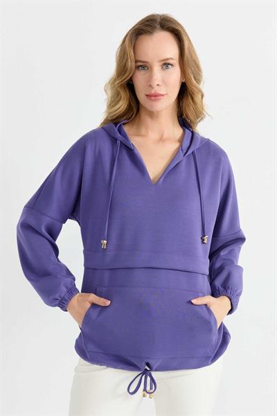 V Yaka Kanguru Cep Uzun Kol Bluz  /  MOR