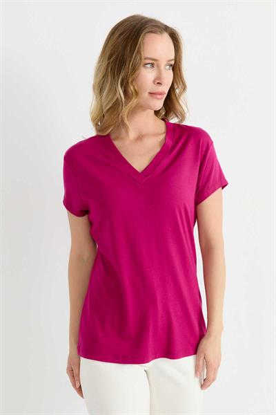 V Yaka Kısa Kol Bluz  /  FUŞYA