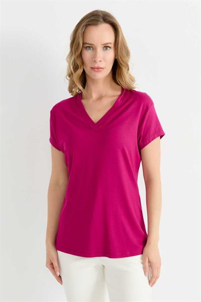 V Yaka Kısa Kol Bluz  /  FUŞYA