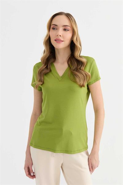 V Yaka Kısa Kol Bluz  /  YEŞİL