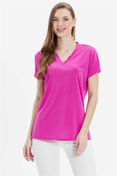 V Yaka Kısa Kol Penye Bluz  /  FUŞYA