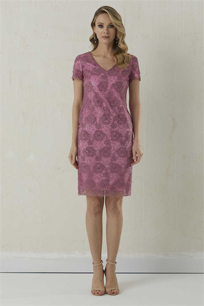 V Yaka Kısa Kol Pul Payetli Elbise  /  PEMBE