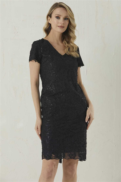 V Yaka Kısa Kol Pul Payetli Elbise  /  SİYAH