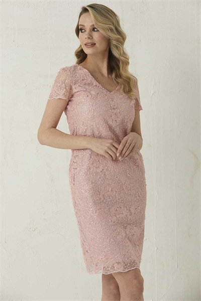 V Yaka Kısa Kol Pul Payetli Elbise  /  SOMON