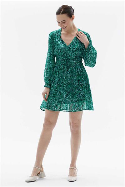 V Yaka Kolu Lastikli Belden Bağlama Emprime Elbise  /  YEŞİL