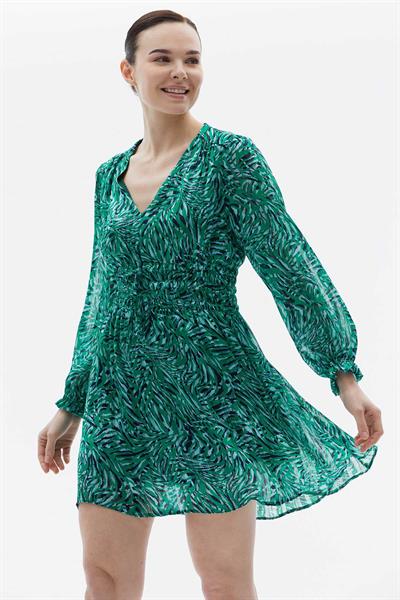 V Yaka Kolu Lastikli Belden Bağlama Emprime Elbise  /  YEŞİL