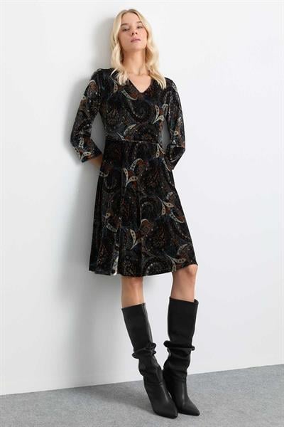 V Yaka Şal Desen Kadife Elbise  /  SİYAH