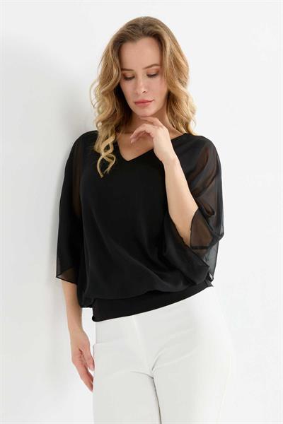 V Yaka Şifon Dökümlü Bluz  /  SİYAH