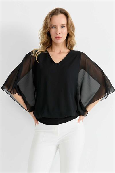 V Yaka Şifon Dökümlü Bluz  /  SİYAH