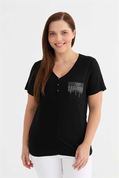 V Yaka Taşlı Cep Görünümlü Penye Bluz  /  SİYAH