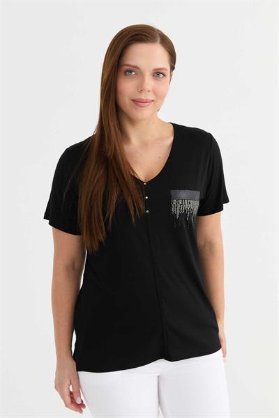 V Yaka Taşlı Cep Görünümlü Penye Bluz  /  SİYAH