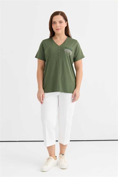 V Yaka Taşlı Cep Görünümlü Penye Bluz  /  HAKİ