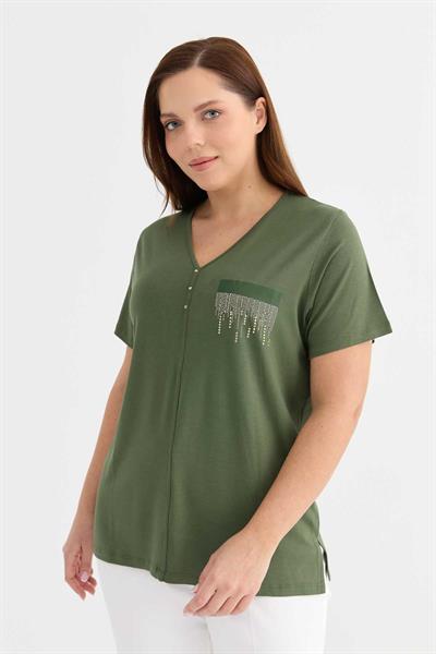 V Yaka Taşlı Cep Görünümlü Penye Bluz  /  HAKİ