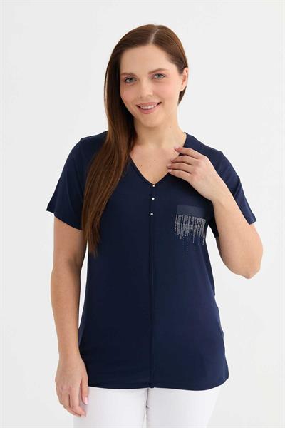 V Yaka Taşlı Cep Görünümlü Penye Bluz  /  LACİVERT